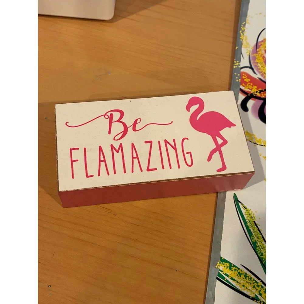 Flamingo Home Decor Set Metal Wall Art & Wood Block Signs 3 Piece Tropical Lot